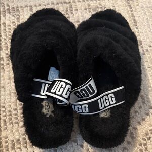 UGG Black Fluffy Slides with Logo Strap